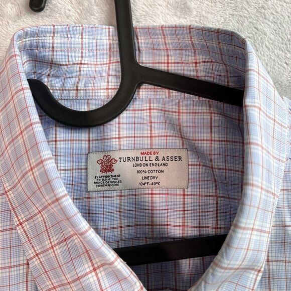 Turnbull & Asser Mens Dress Shirt XL?*READ White/Blue Plaid Designer Button Down - Picture 4 of 15